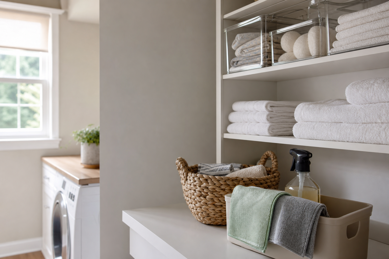Folded towels, clear bins, and cleaning cloths arranged in a bright home laundry space